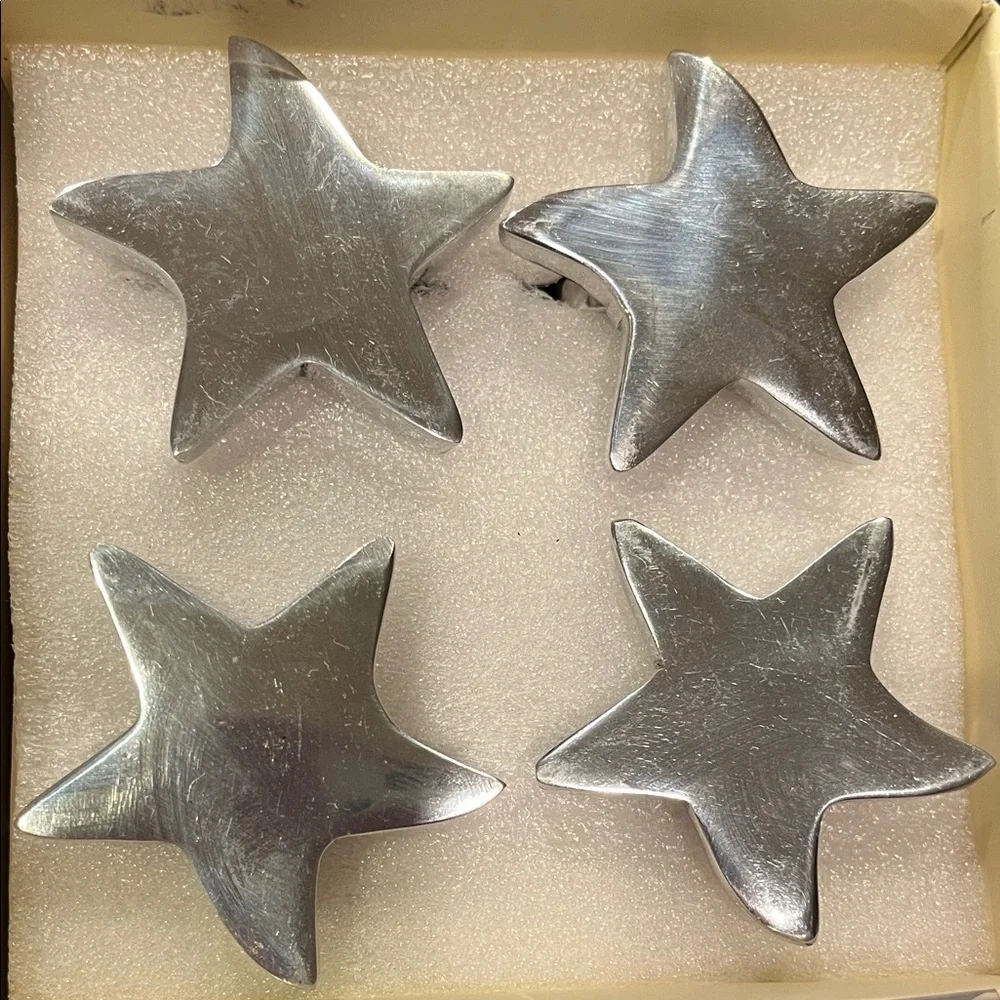 Set of 4 Pottery Barn Silver Tone Star Napkin Rings thick metal heavy duty VGUC